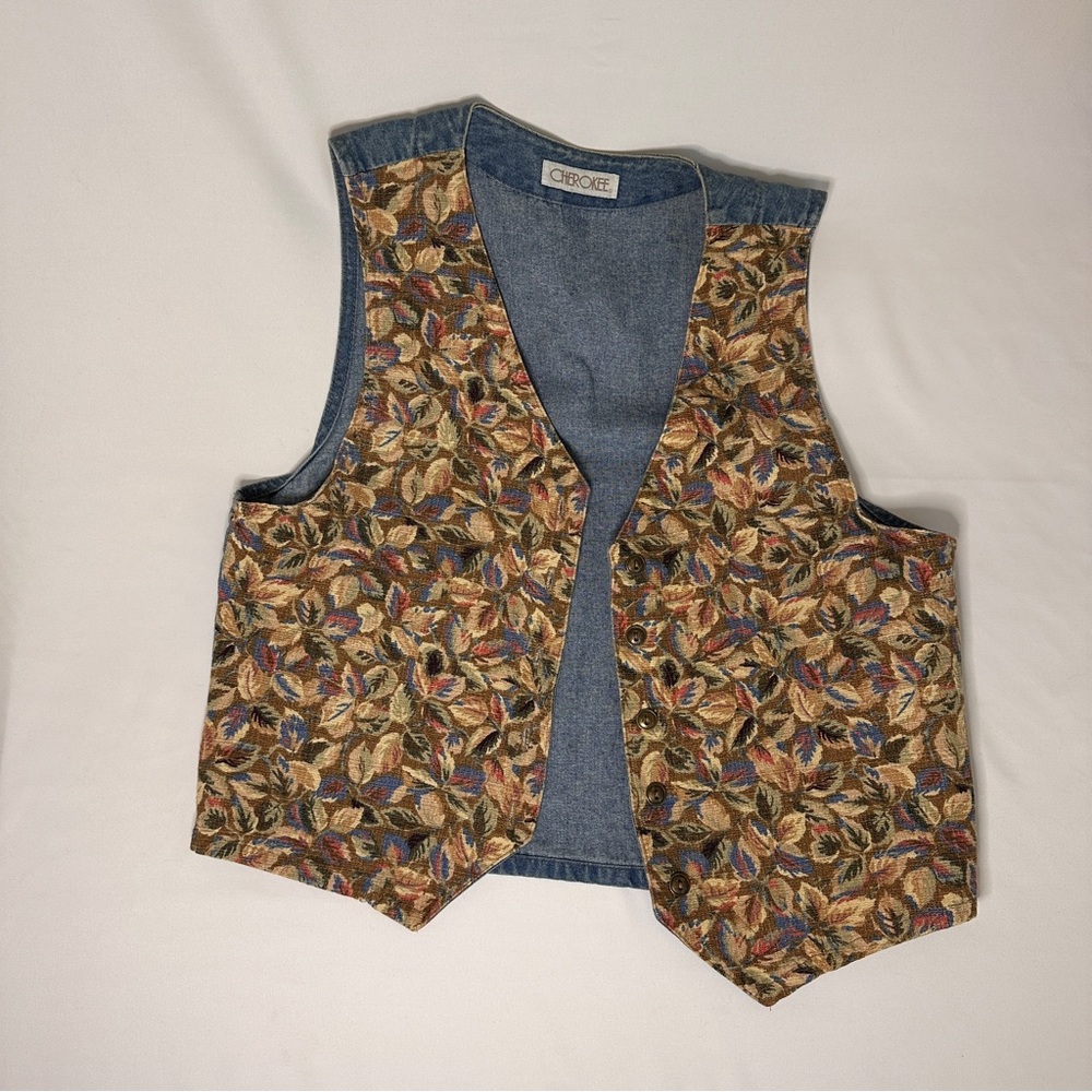 Vintage Cottagecore Cherokee Denim and Floral Patterned Vest